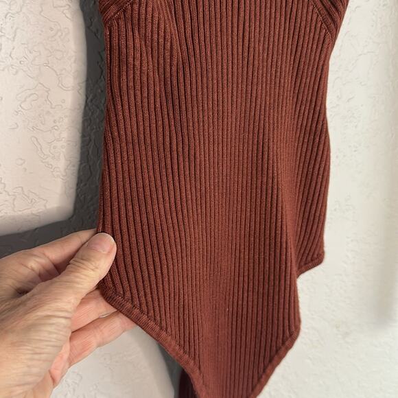 A&F Ribbed Dark Brown Bodysuit Square Neck Thong Neutral Minimalist Long Sleeve - Picture 2 of 6